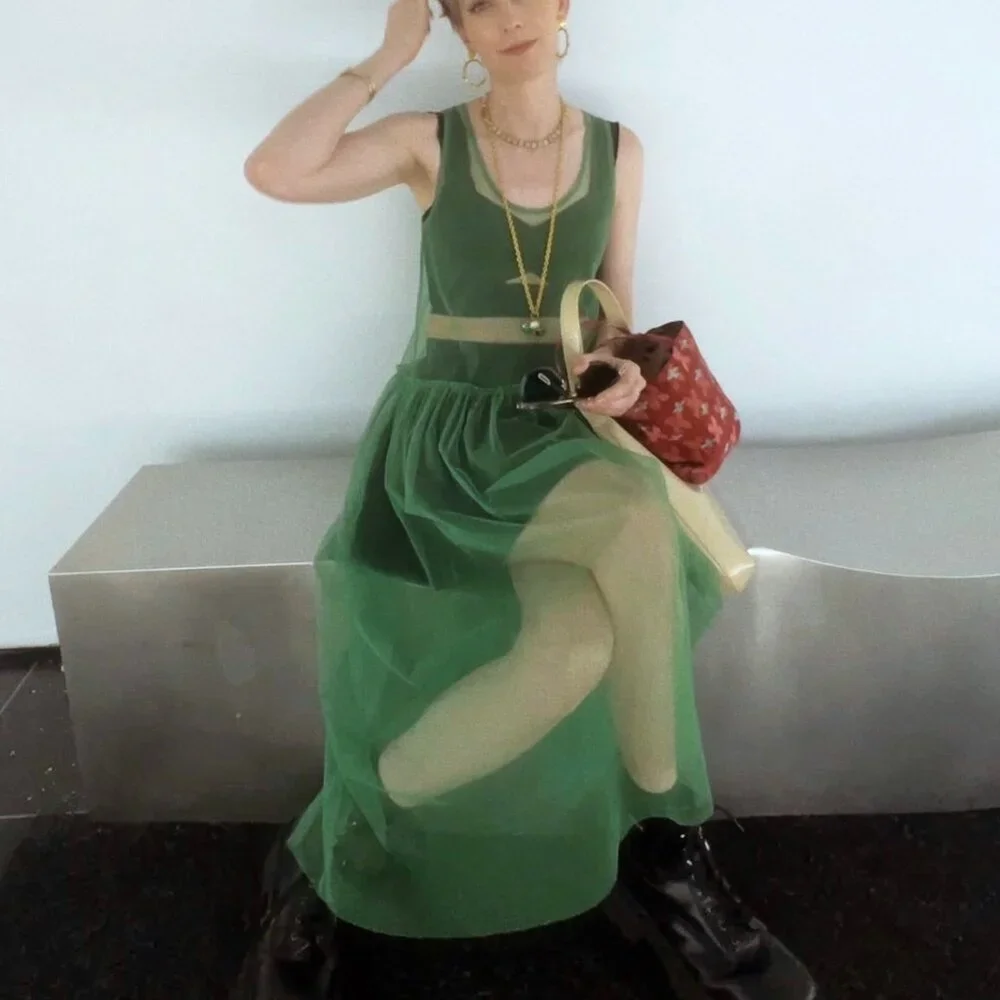 Green Tulle Mesh Sleeveless Midi Dress Sz Small - Picture 2 of 4